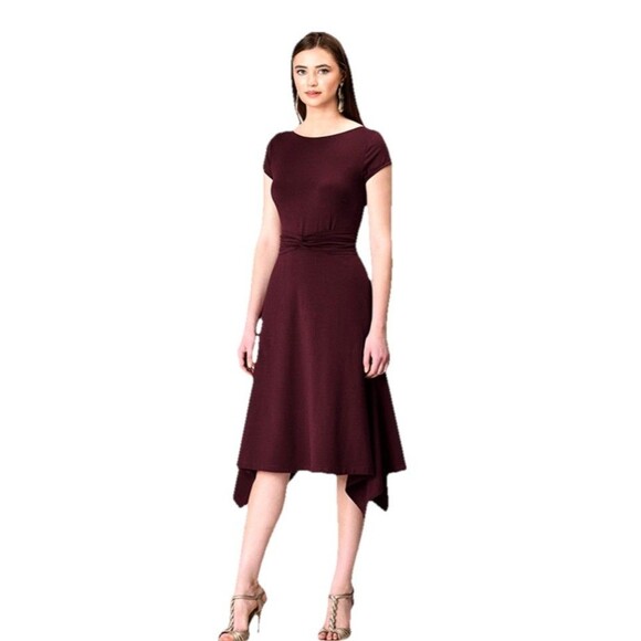 Eshakti Dress Size 2 Hankerchief Hem Maroon Knit Twist Gathered Waist - Picture 1 of 8